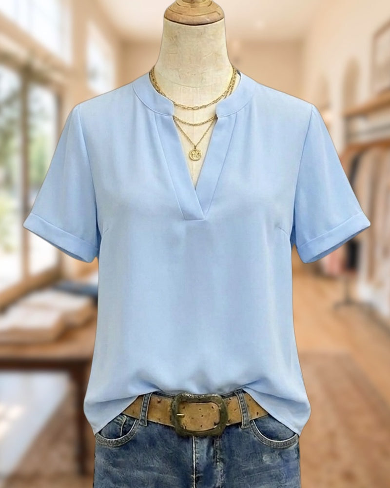 Solid Color V Neck Short Sleeve Casual Blouse