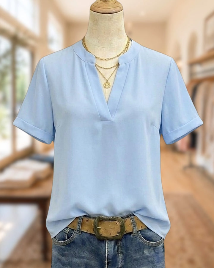 Solid Color V Neck Short Sleeve Casual Blouse