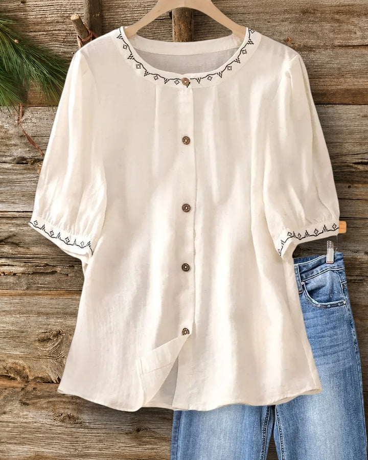 Round Neck Embroidery Trim Button Front Puff Sleeve Blouse