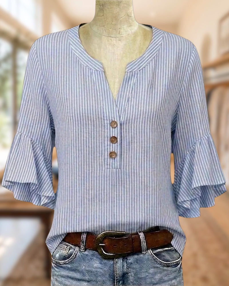 V Neck Button Front Striped Flare Sleeve Casual Blouse