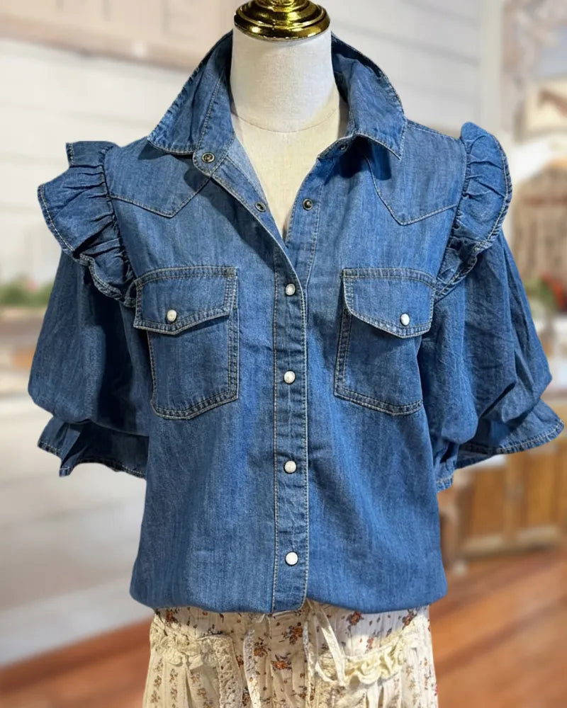 Ruffle Shoulder Puff Sleeve Button Front Flap Pocket Denim Shirt