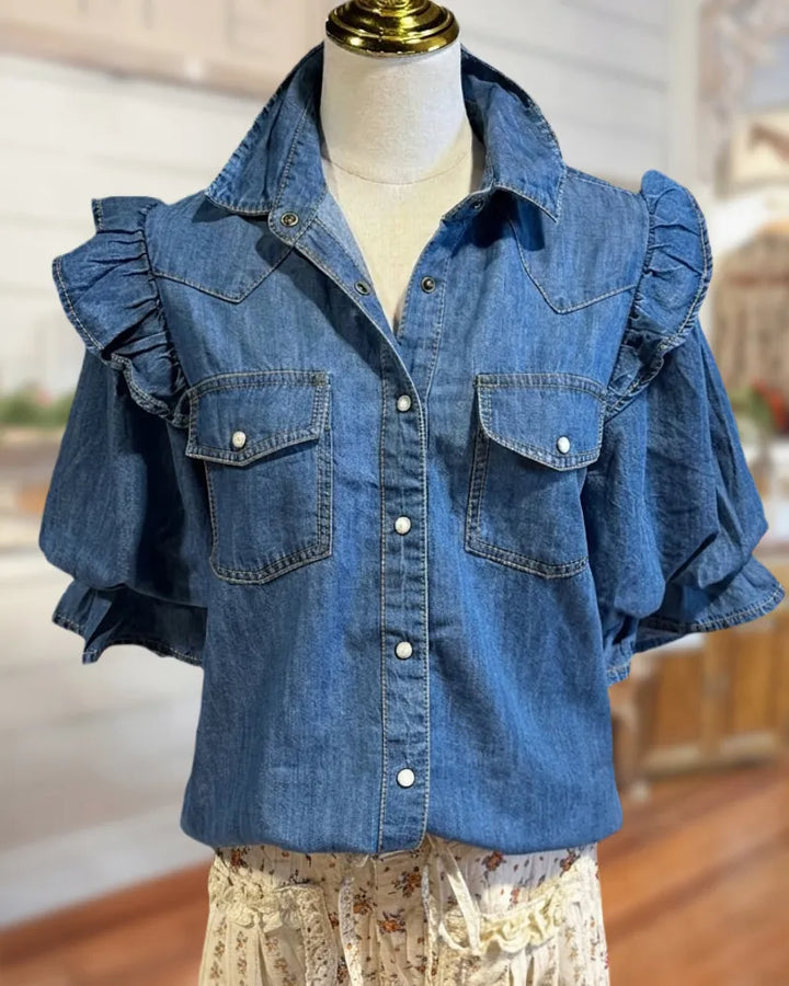 Ruffle Shoulder Puff Sleeve Button Front Flap Pocket Denim Shirt