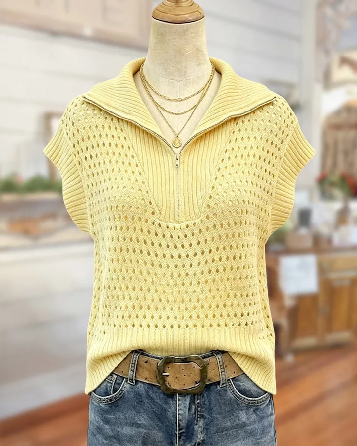 Half Zip Eyelet Knit Cap Sleeve Ribbed Trim Casual Vest