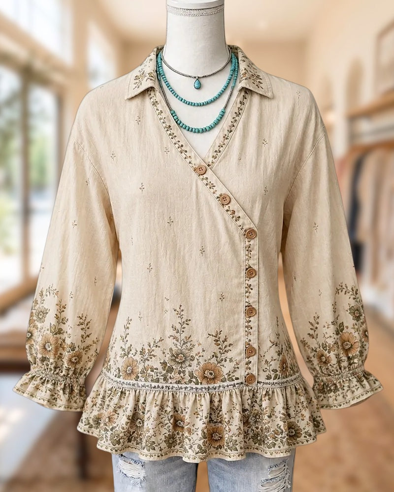 Floral Print Asymmetrical Button Front 3/4 Sleeve Ruffled Hem Blouse