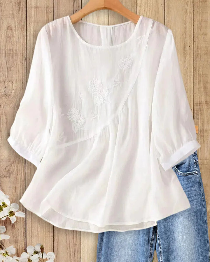 O Neck Embroidered Gathered 3/4 Sleeve Loose Casual Blouse