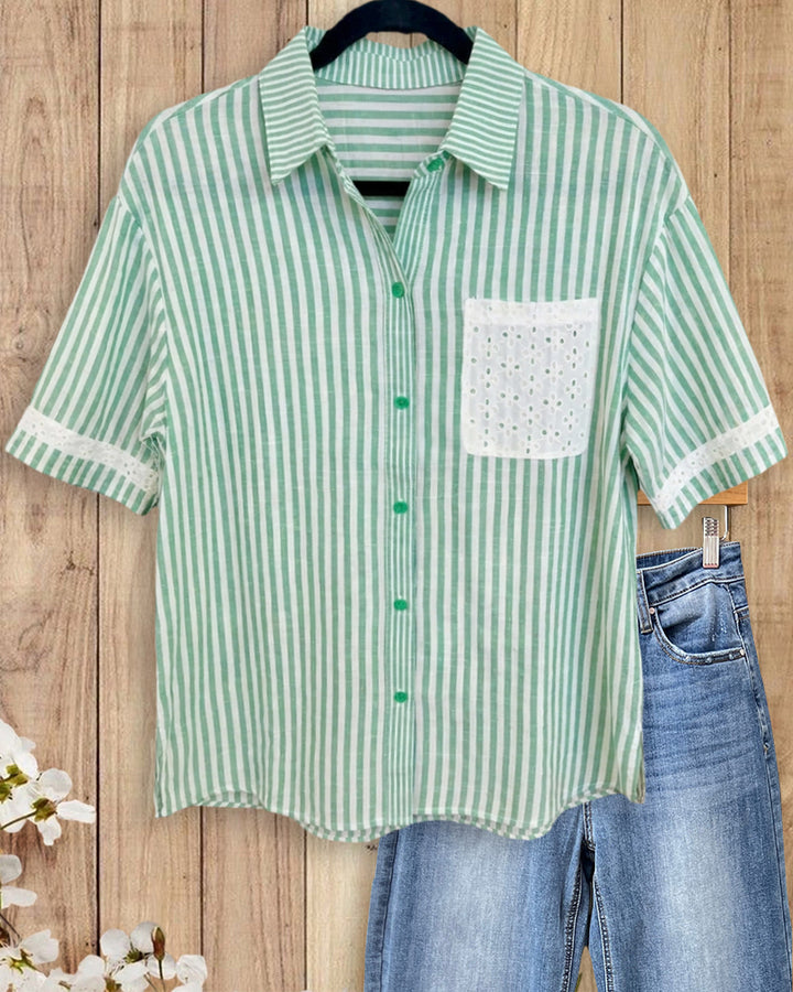Striped Eyelet Pocket Lace Trim Button Down Casual Shirt