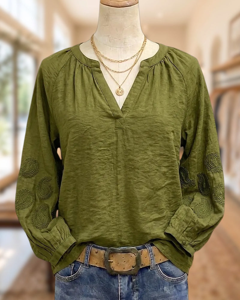 V Neck Paisley Embroidered Long Sleeve Casual Blouse
