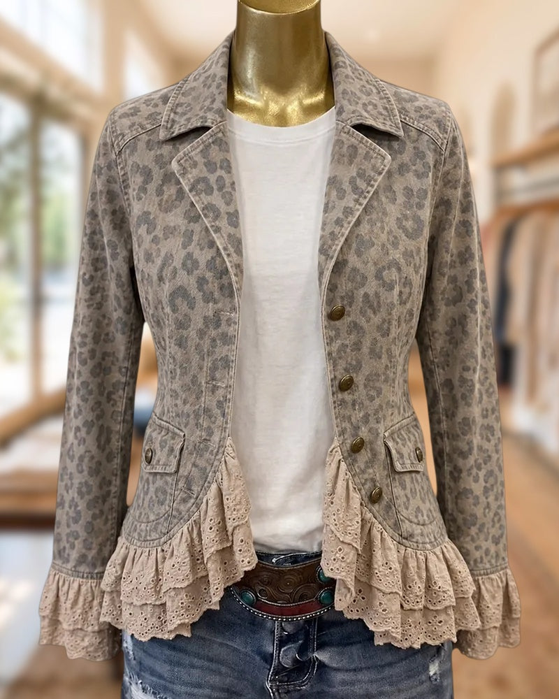 Leopard Print Notched Lapel Ruffle Trim Denim Jacket
