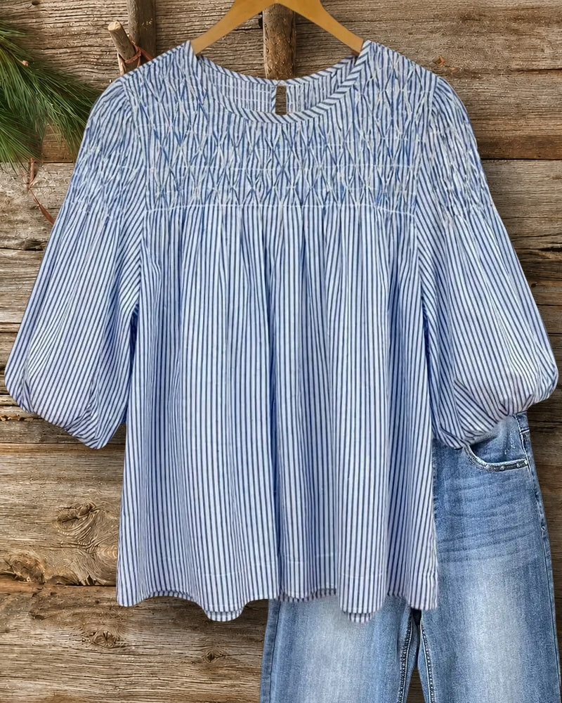 Smocked Detail Puff Sleeve Striped Loose Fit Casual Blouse