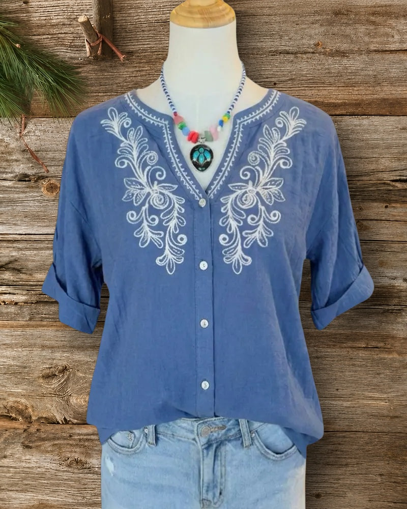 Embroidered V Neck Button Up Rolled Sleeve Casual Blouse