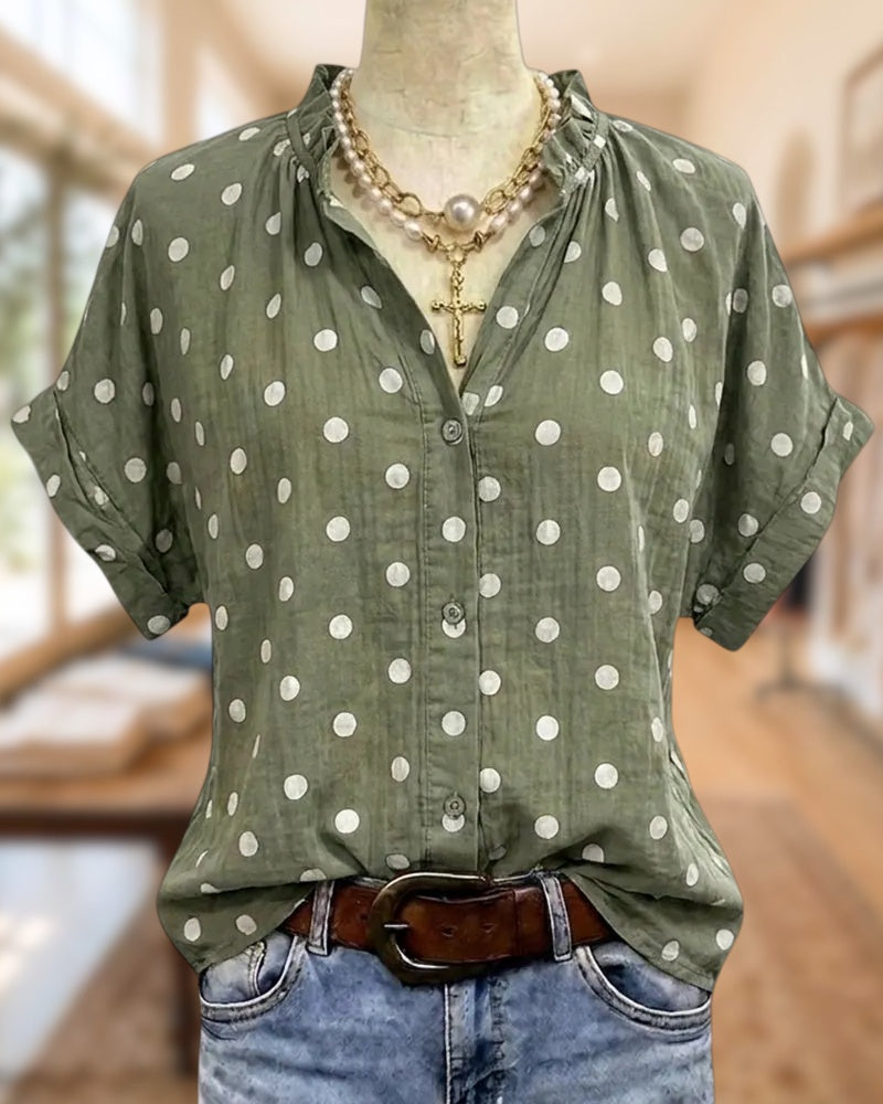 Polka Dot Ruffled Neck Button Blouse