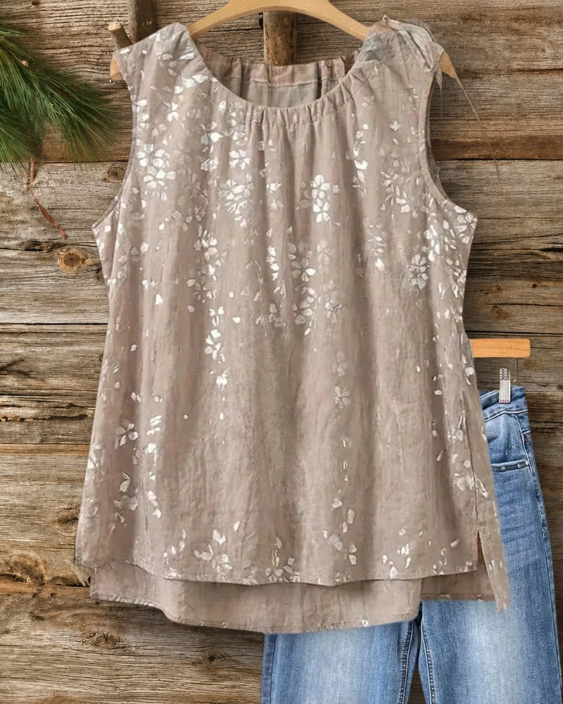 Floral Print Shirred Neck Tie Shoulder High Low Tank Top