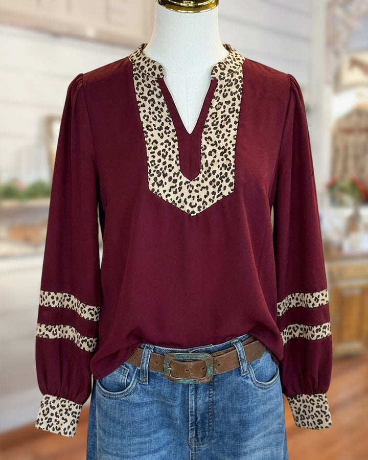 Leopard Trim V Neck Long Sleeve Contrast Panel Casual Blouse