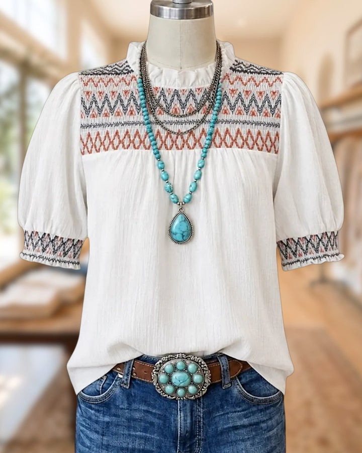 Embroidered Yoke Ruffled Neck Puff Sleeve Loose Casual Blouse
