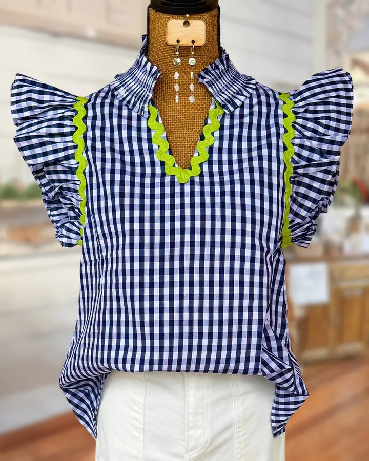 Plaid Ruffle Sleeve Scallop Trim V Neck Collared Blouse