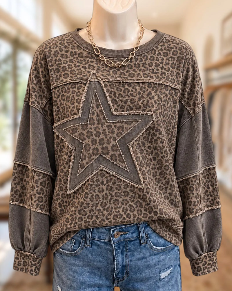 Leopard Print Star Applique Loose Sweatshirt with Colorblock Sleeves