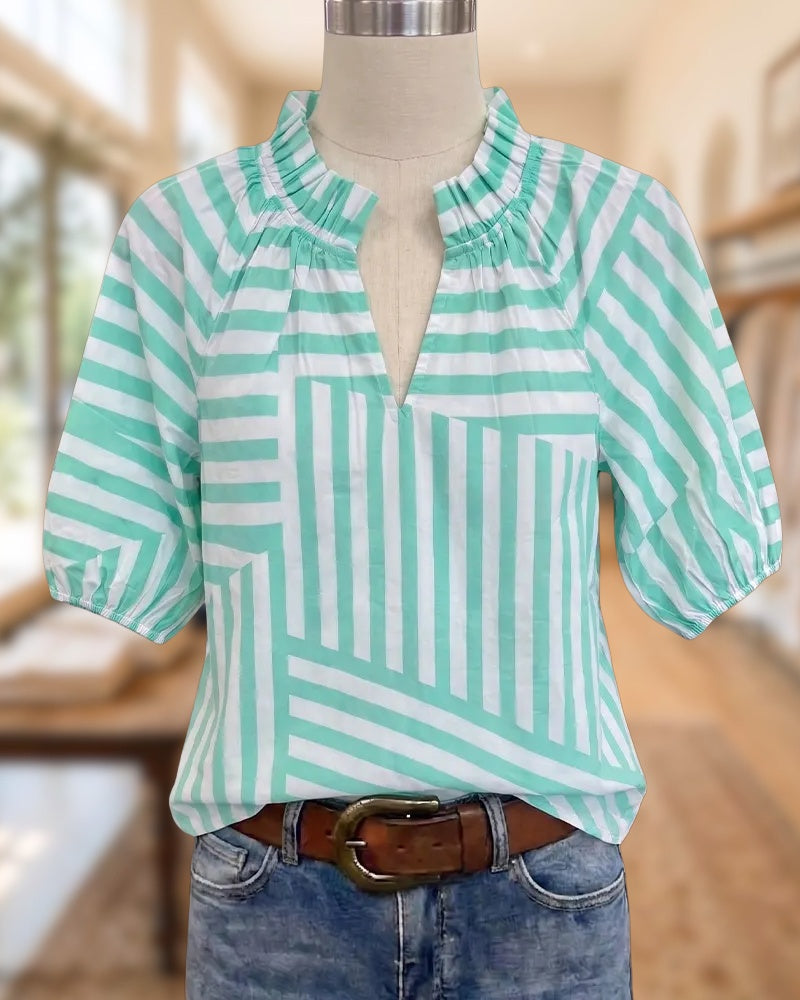 Ruffled V Neck Puff Sleeve Striped Loose Casual Blouse