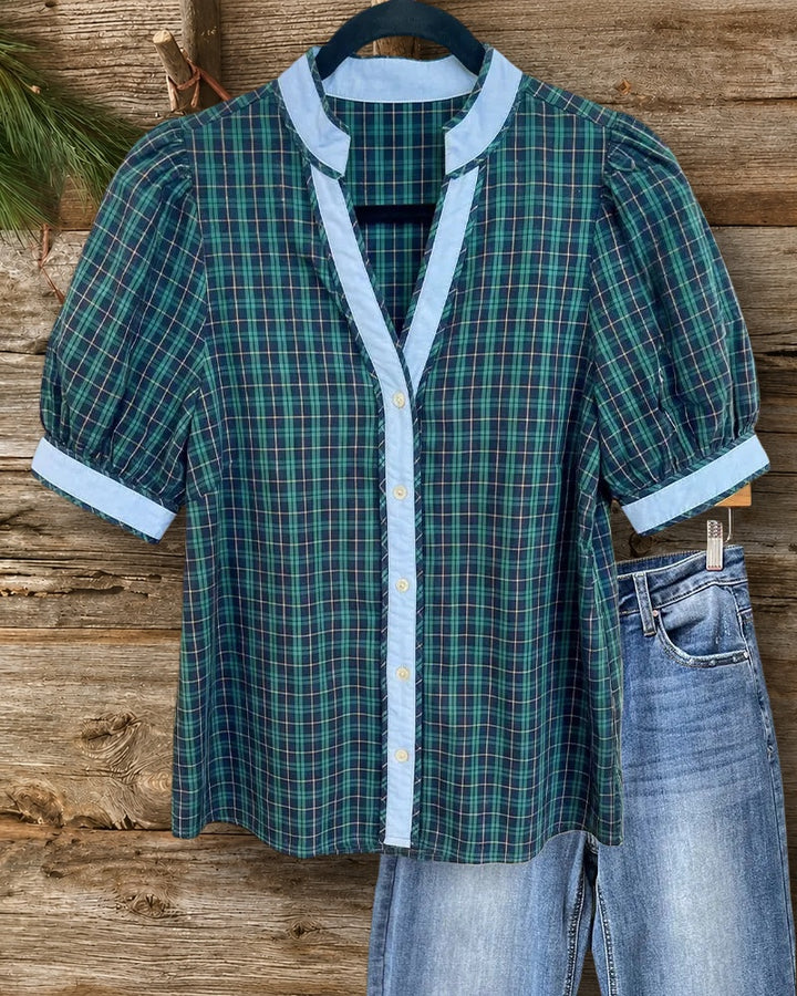 Plaid Contrast Trim Puff Sleeve V Neck Button Front Blouse