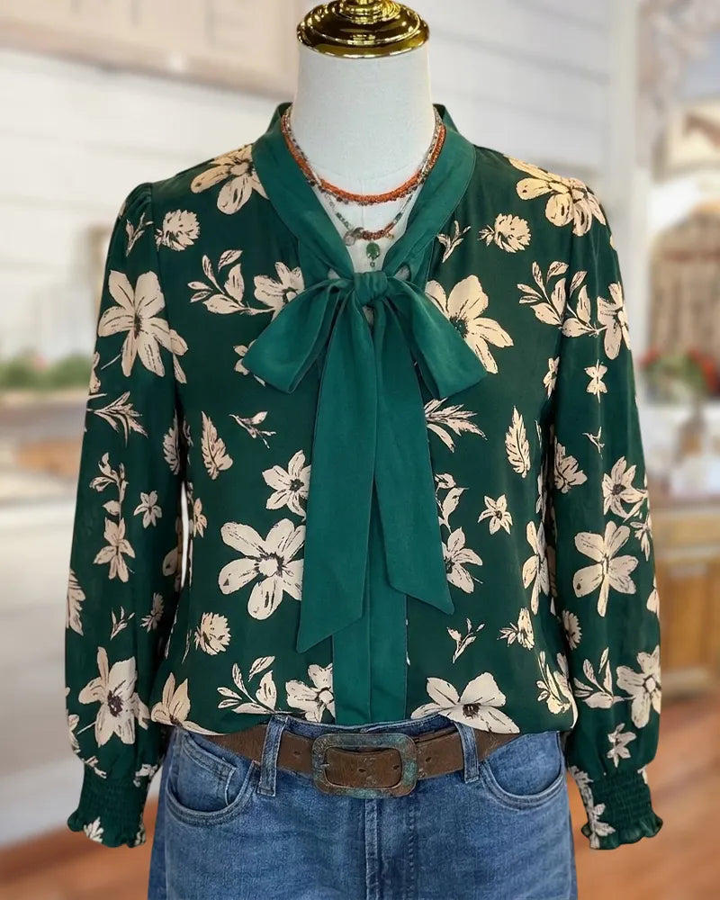 Floral Print Bow Tie Neck Long Sleeve Smocked Cuff Blouse