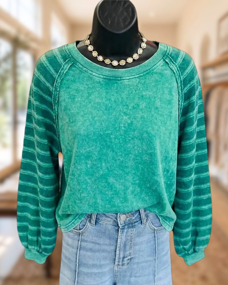 Striped Raglan Sleeve Crew Neck Casual Relaxed Fit Sweatshirt