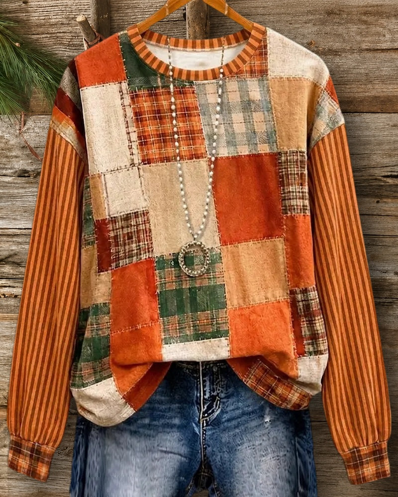 Patchwork Crew Neck Long Sleeve Cozy Sweatshirt