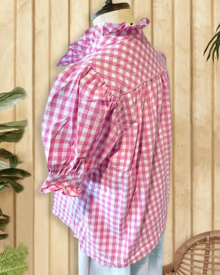 Gingham Feminine Puff Sleeve Ruffles Trim Blouse