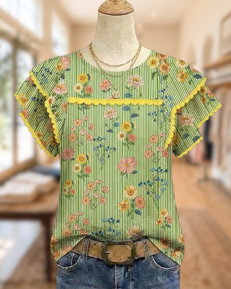 Floral Print Striped Scallop Trim Tiered Sleeve Lightweight Casual Blouse