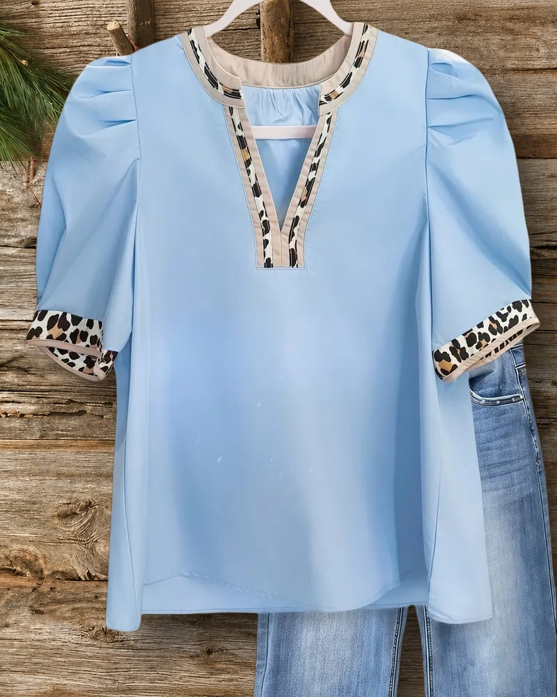 Leopard Print Trim Modern Puff Sleeve Blouse