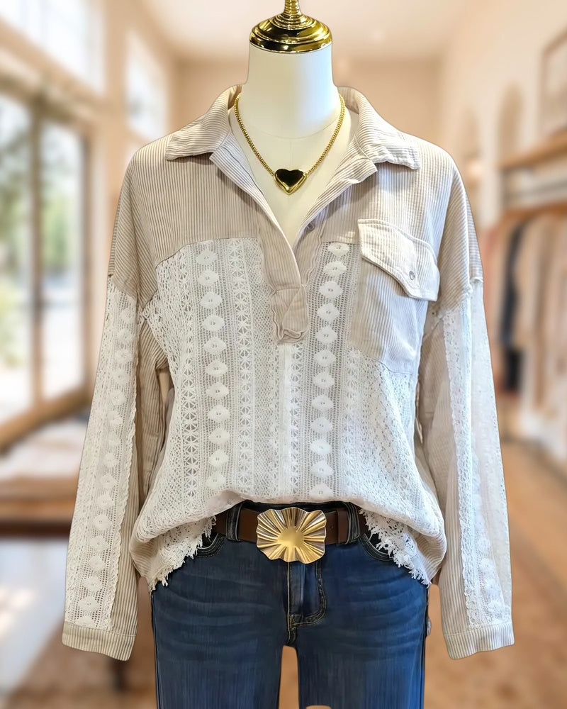 Patchwork Lace Contrasting Casual Drop-Shoulder Blouse