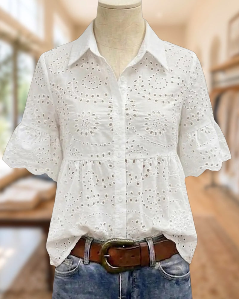 Collared Button Front Eyelet Embroidery Flutter Sleeve Blouse
