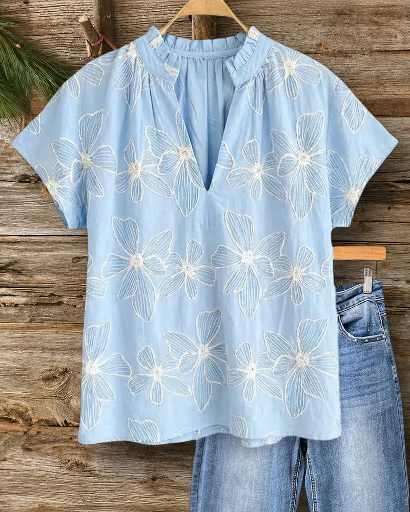 Floral Embroidered Ruffled V Neck Loose Short Sleeve Blouse