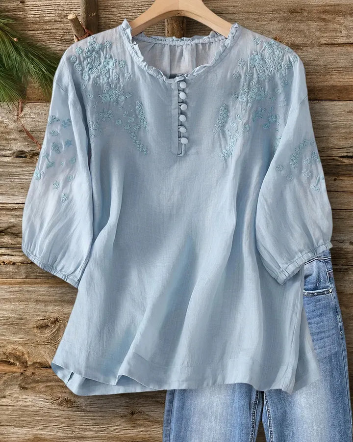 Ruffle Neck Embroidered Half Placket Puff Sleeve Casual Blouse