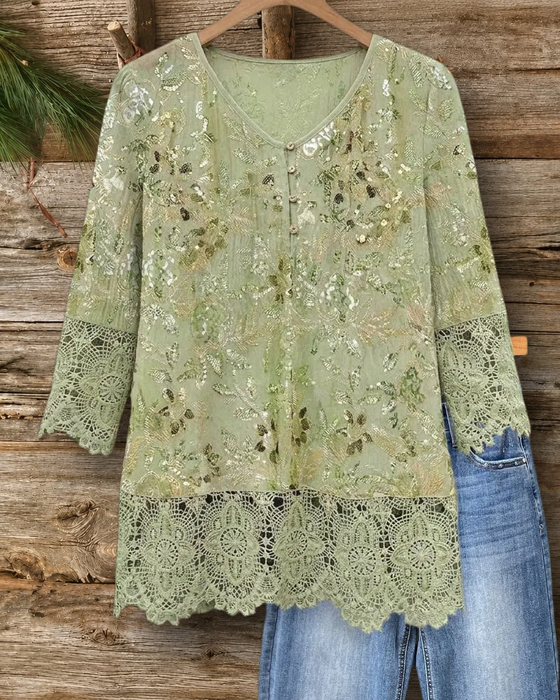 V Neck Floral Print Lace Trim Elegant Blouse