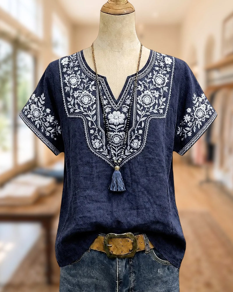 Floral Embroidered V Neck Short Sleeve Casual Blouse