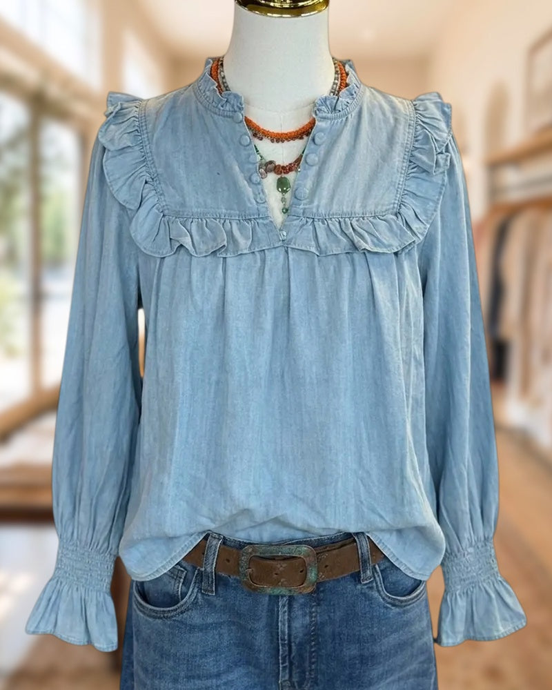 Ruffled Yoke Half Placket Smocked Flare Cuff Casual Blouse