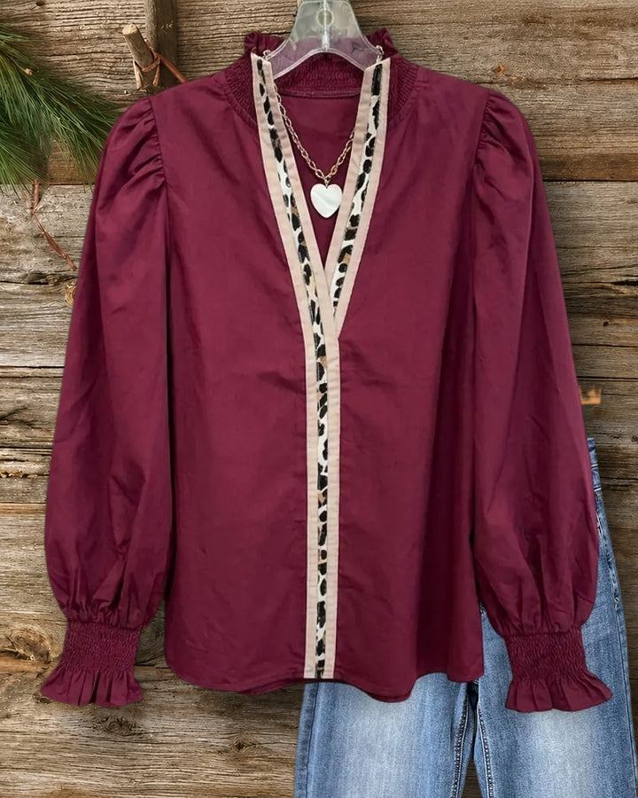 Leopard Trim V Neck Puff Sleeve Ruffle Cuff Blouse