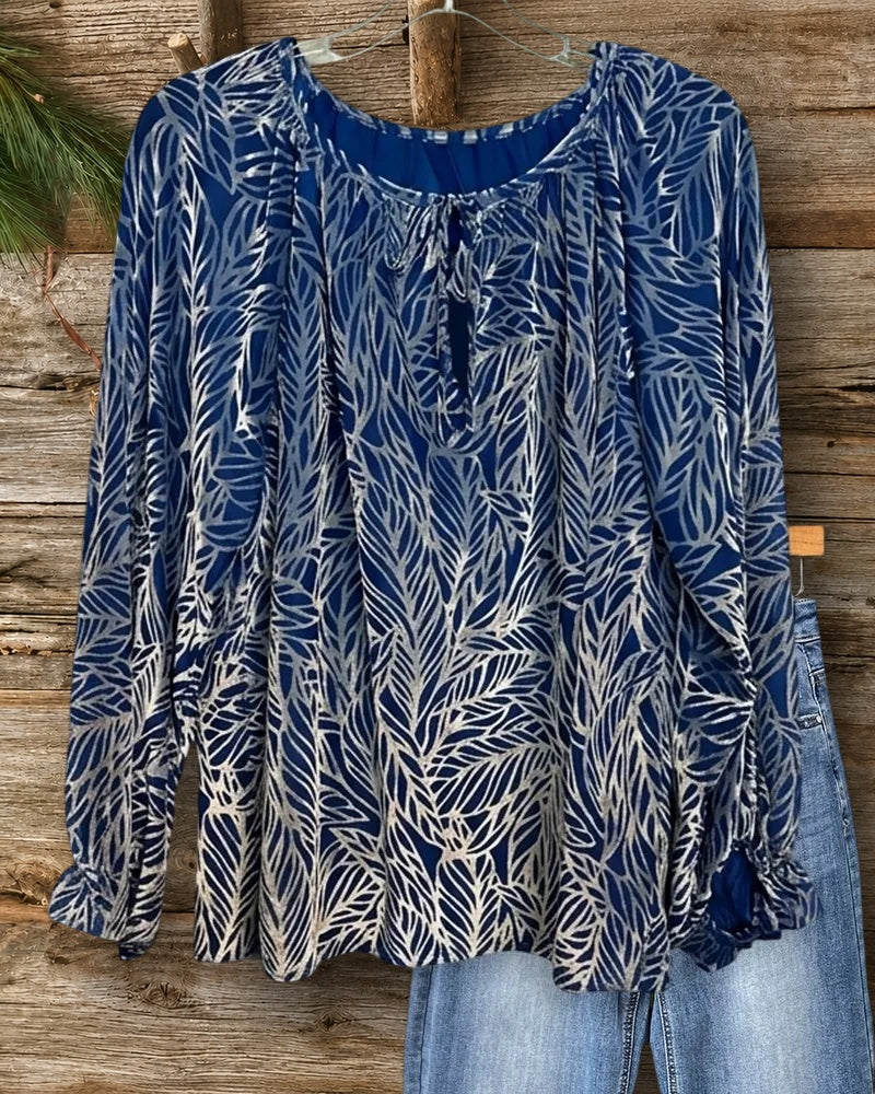 Leaf Print Tie Neck Blouse