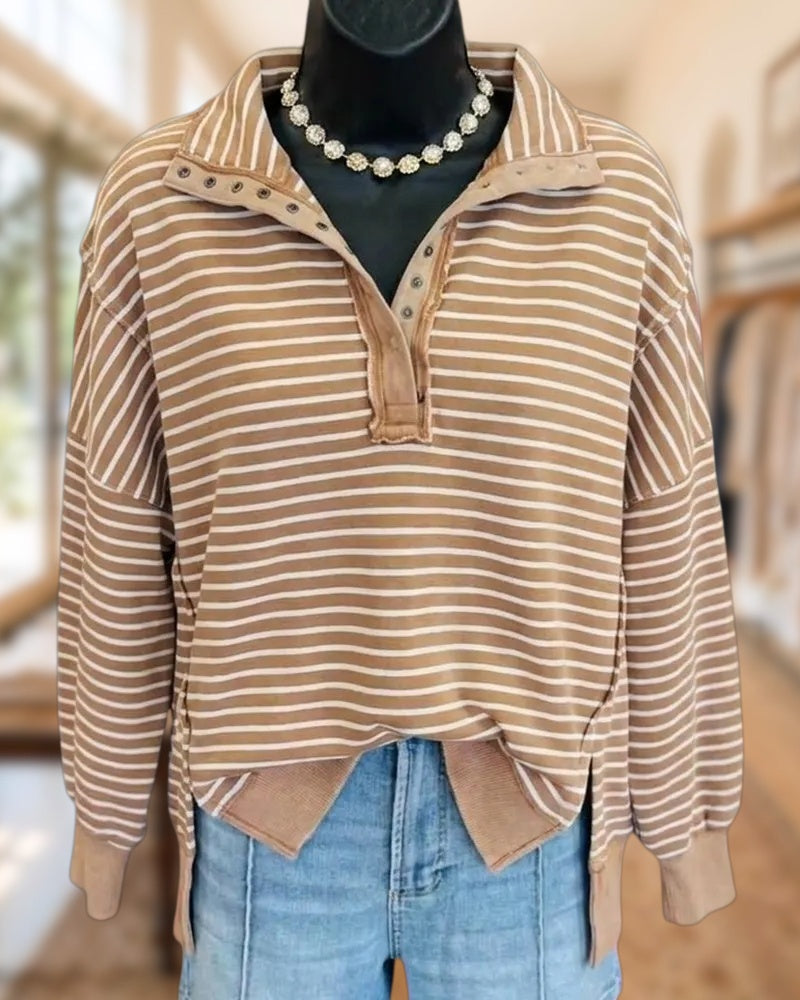 Collared Striped Snap Placket Long Sleeve Side Slit Sweatshirt