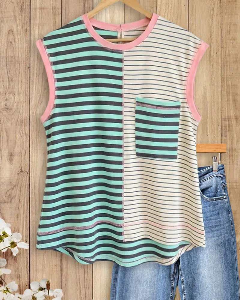 Contrast Trim Spliced Striped Patch Pocket Casual Tank Top