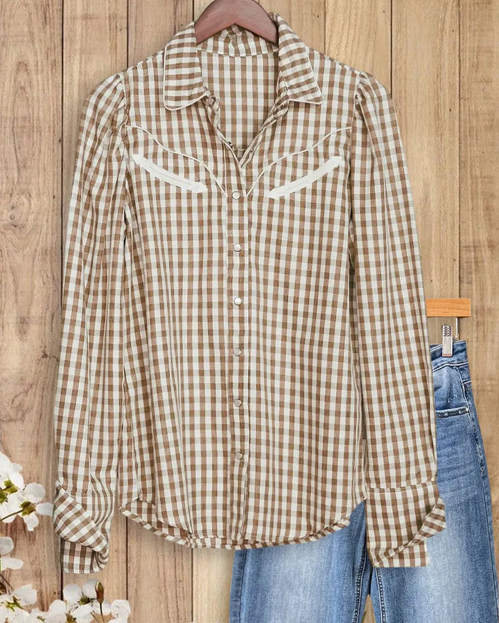 Gingham Western Yoke Long Sleeve Snap Button Casual Shirt