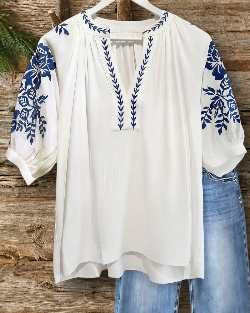 Floral Embroidery Classic V Neck Blouse