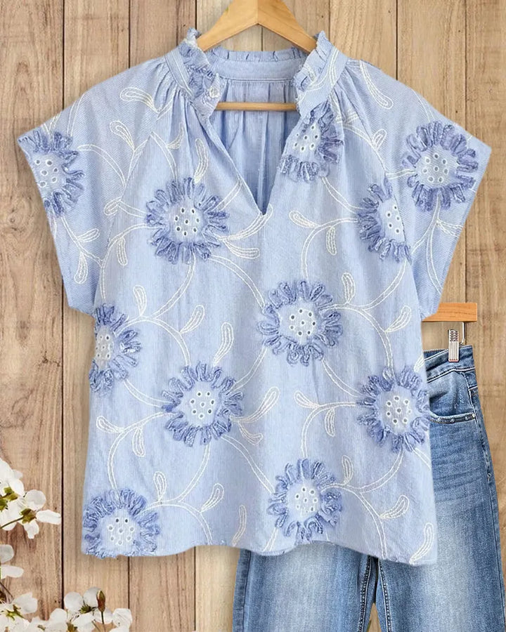 Embroidered Floral Ruffled V Neck Cap Sleeve Casual Blouse