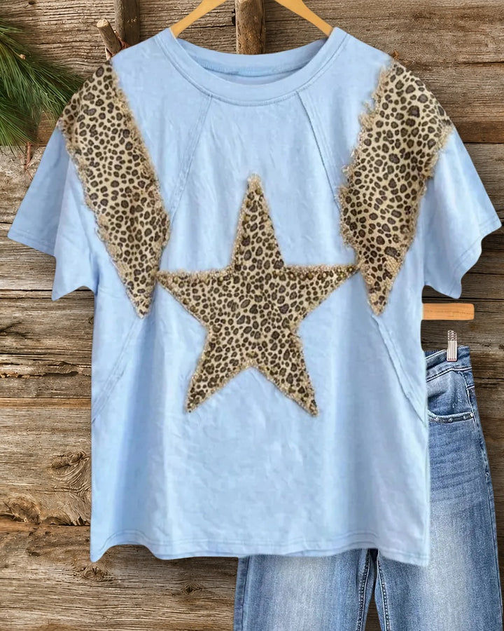 Leopard Patch Studded Star Frayed Detail Short Sleeve T-shirt