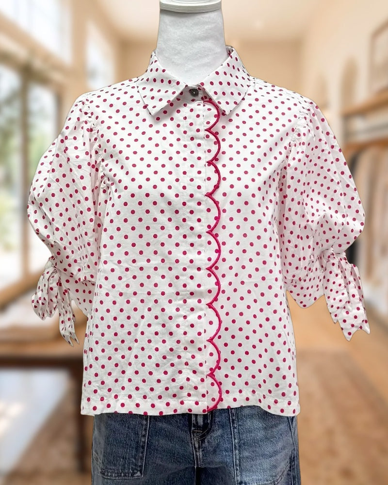 Polka Dot Scallop Trim Puff Sleeve Tie Cuff Blouse