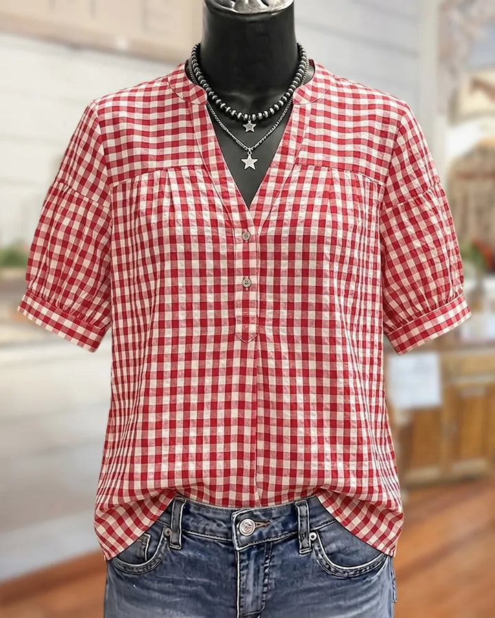 V Neck Half Button Placket Short Sleeve Gingham Blouse