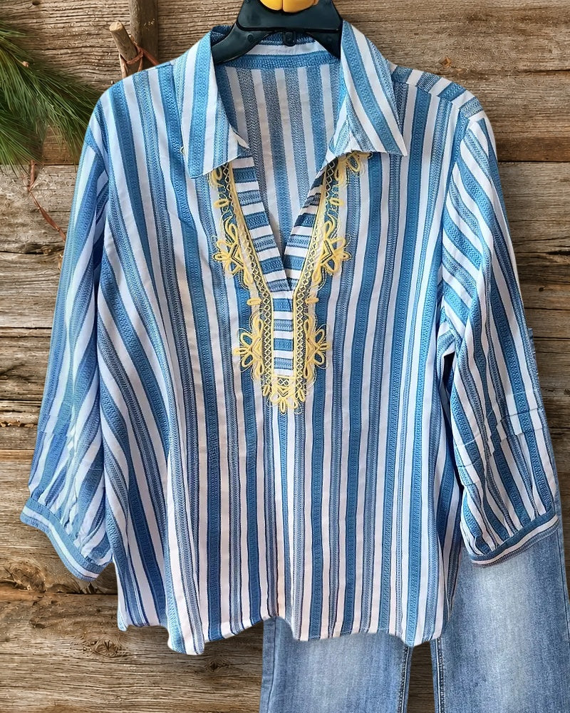 Floral Embroidery Striped Classic V Neck Blouse
