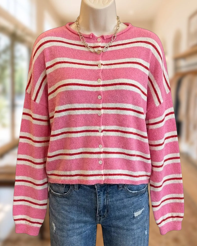 Striped Round Neck Button Front Long Sleeve Knit Casual Cardigan