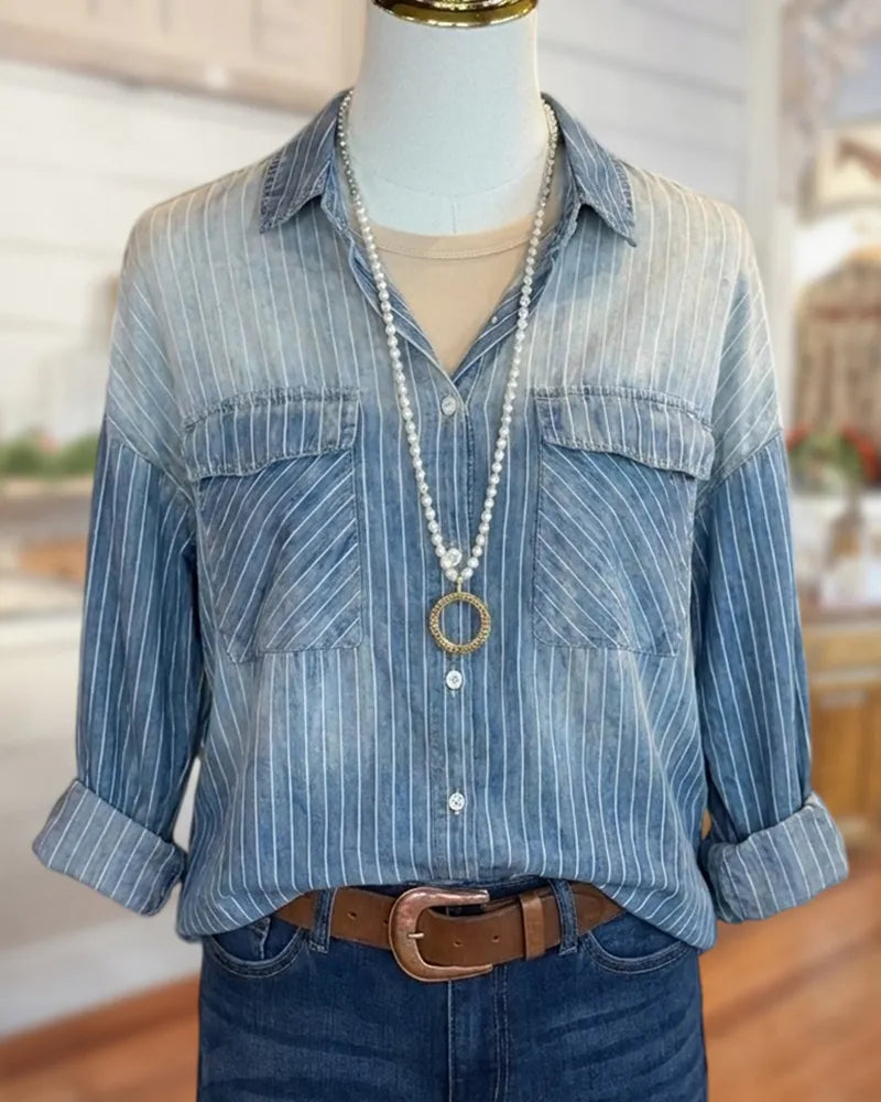 Striped Ombre Wash Chest Pocket Loose Long Sleeve Shirt