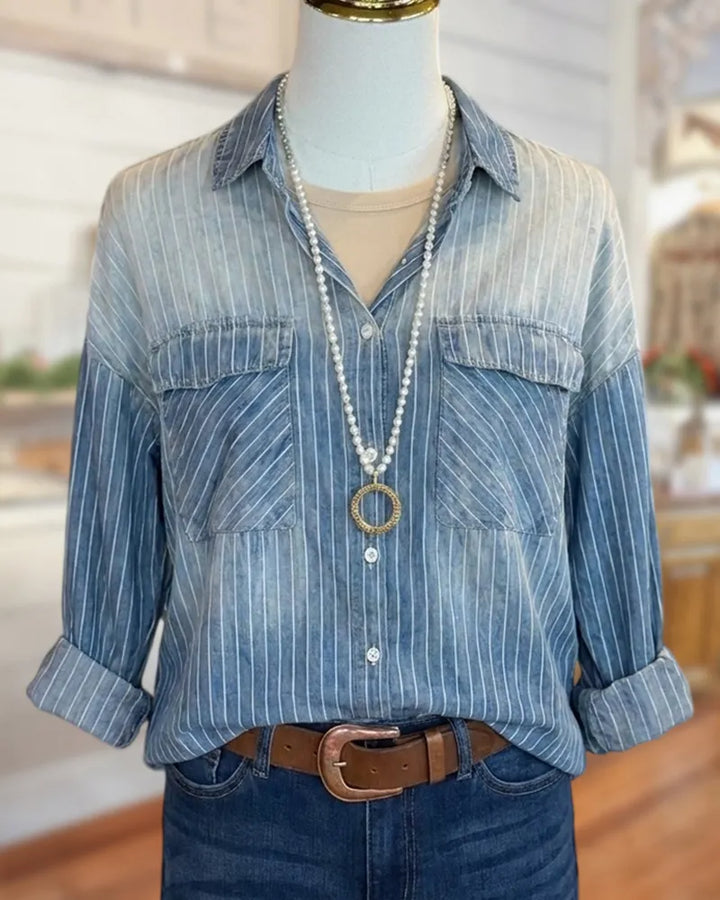 Striped Ombre Wash Chest Pocket Loose Long Sleeve Shirt