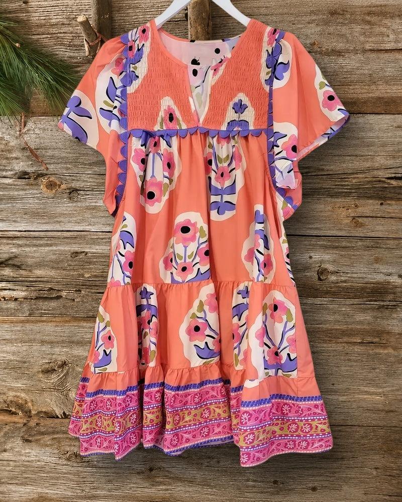 Floral Print Boho Smocked & Scalloped Trim Tiered Mini Dress
